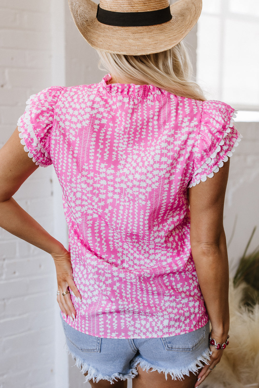 Pink Abstract Print V Neck Top