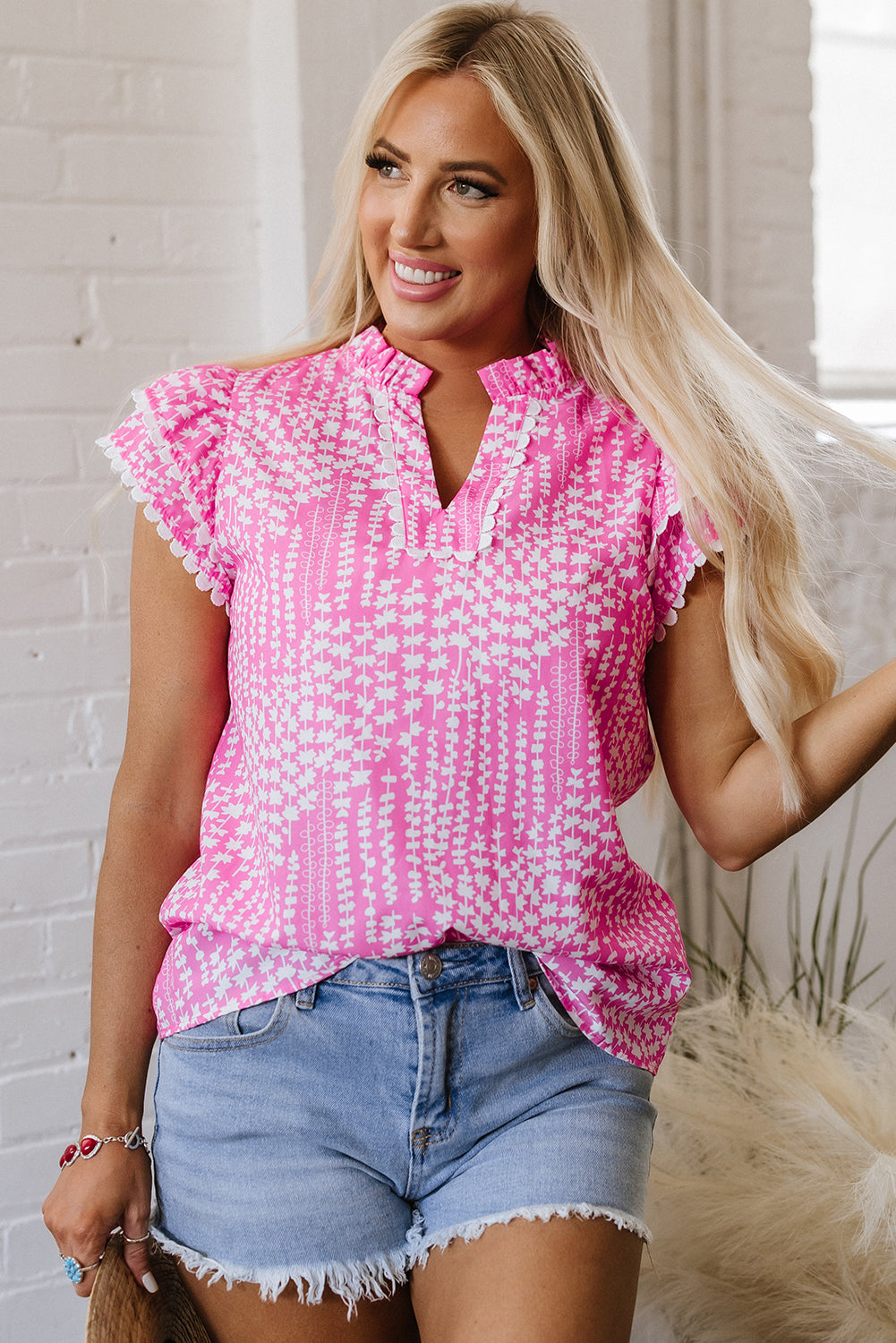Pink Abstract Print V Neck Top