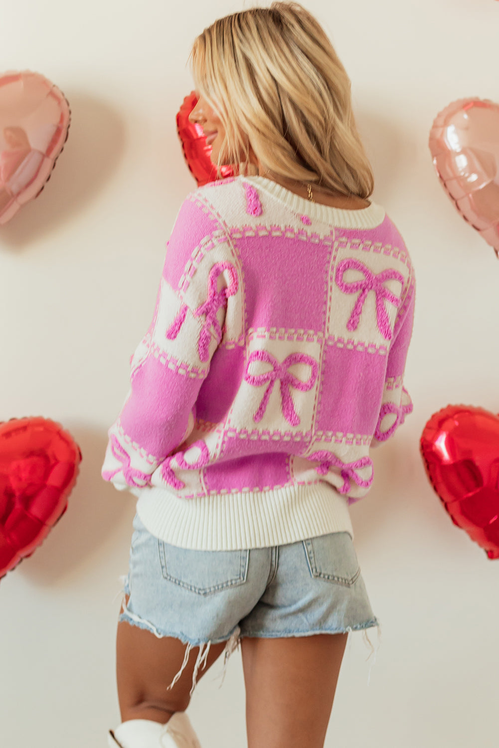 Pink Bow Checkered Sweater