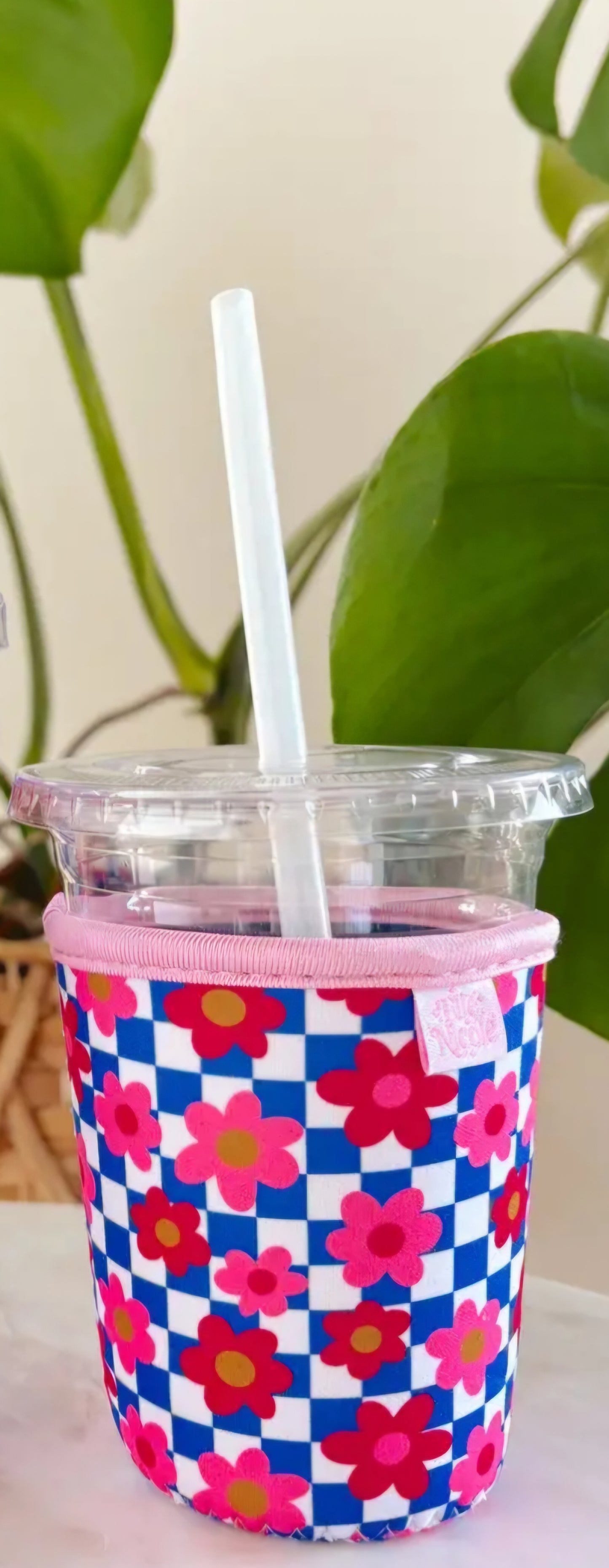 Blue Checkered Iced Coffee Cup Cover