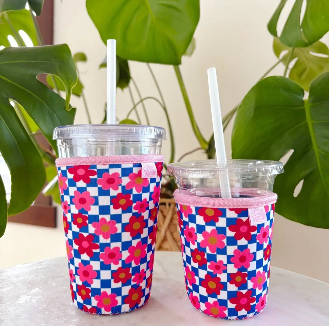 Blue Checkered Iced Coffee Cup Cover