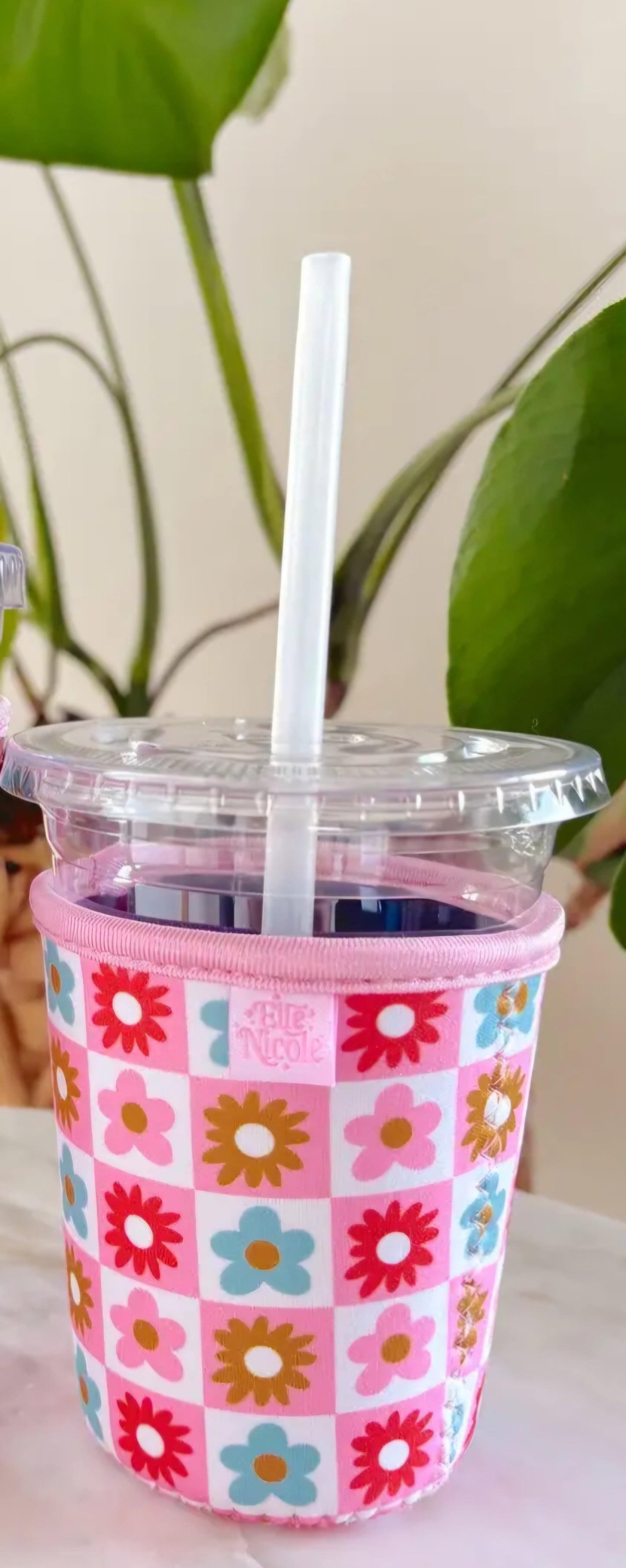 Checked Flowers Iced Coffee Cup Cover