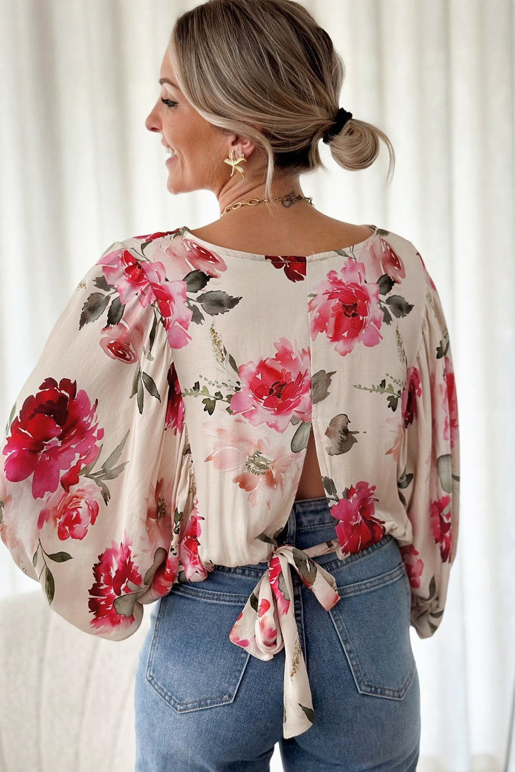 Rose Floral Lace-up Back Top