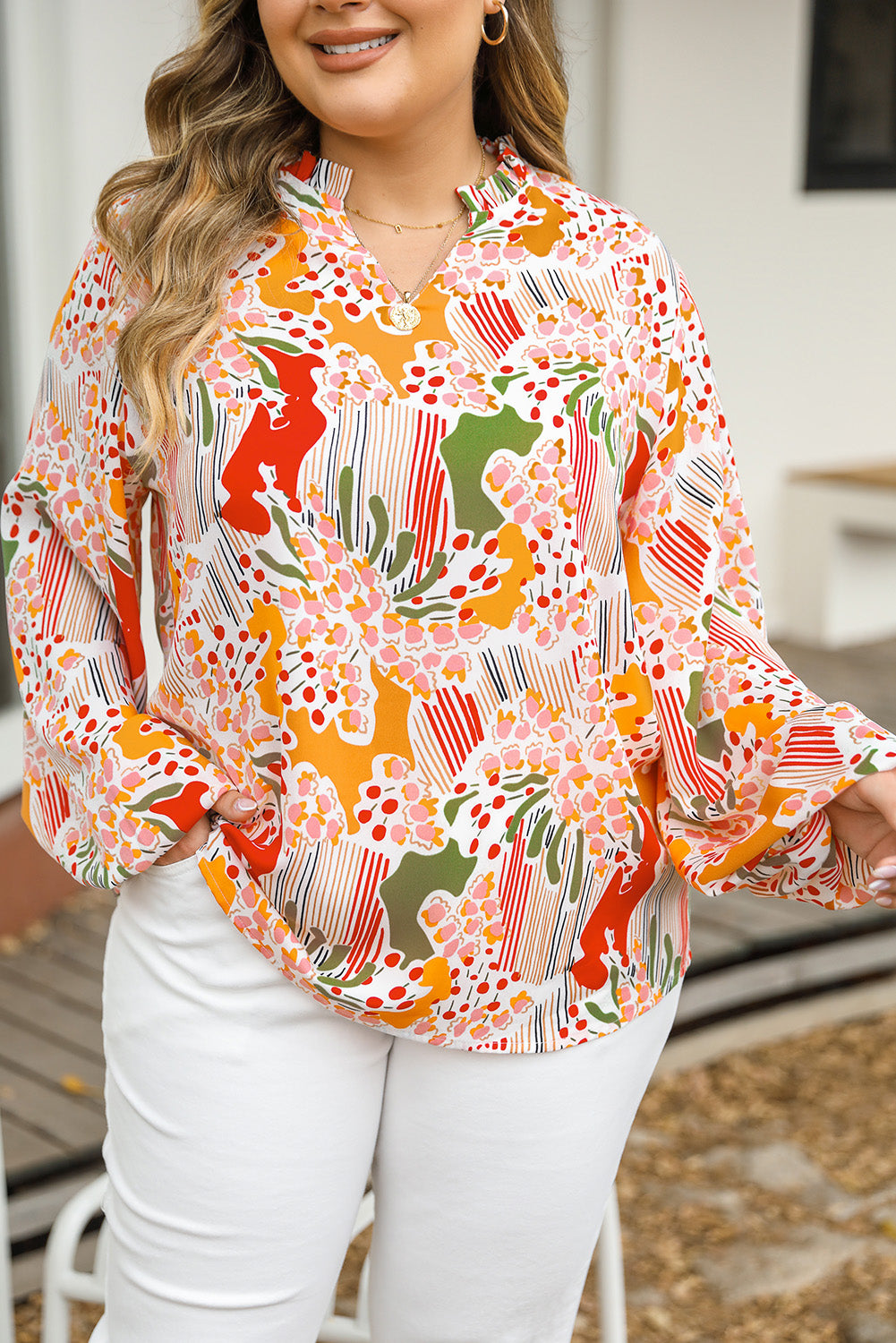 Orange Printed Floral Plus Size Top