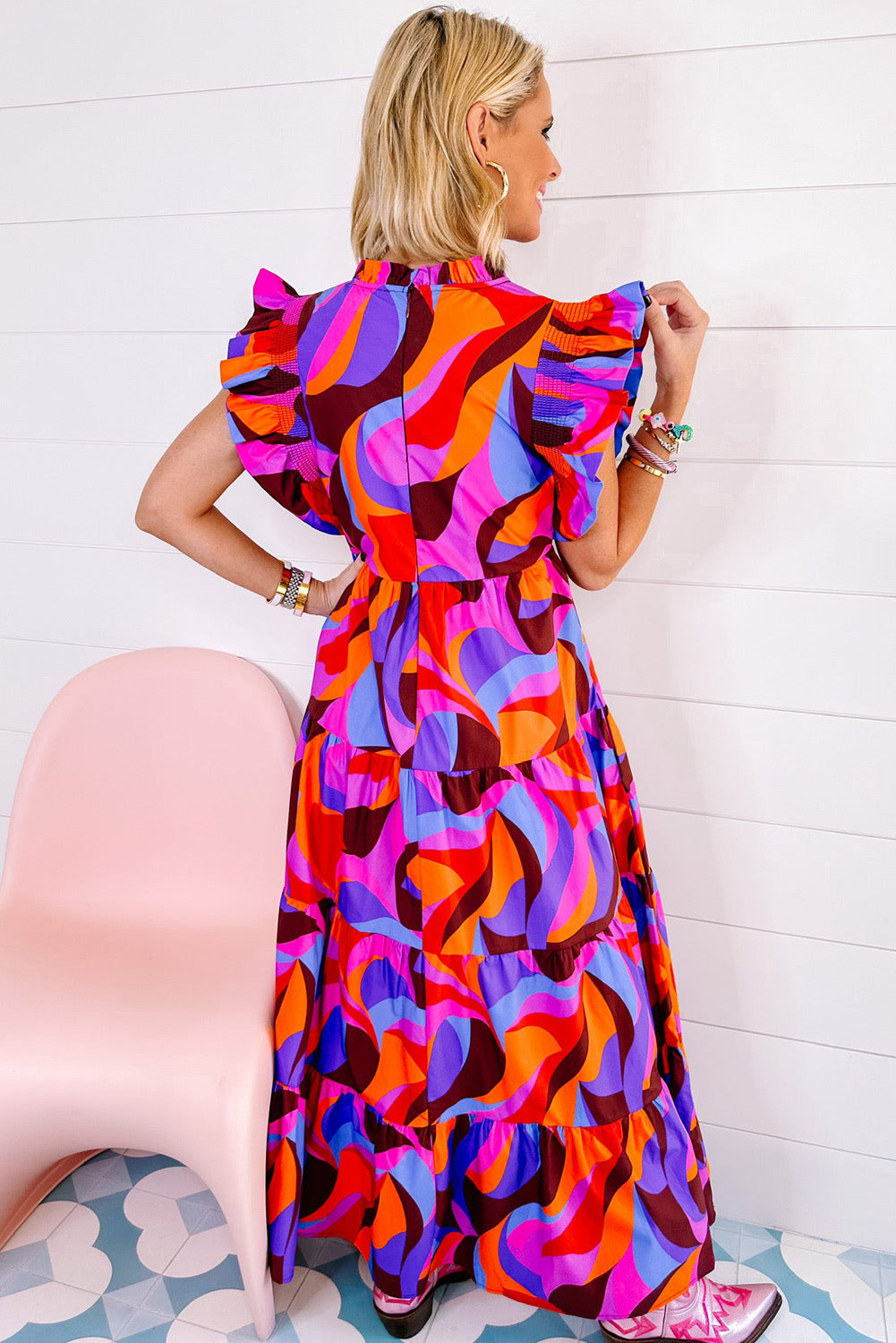 Multicolor Plus Size Abstract Ruffled Maxi Dress