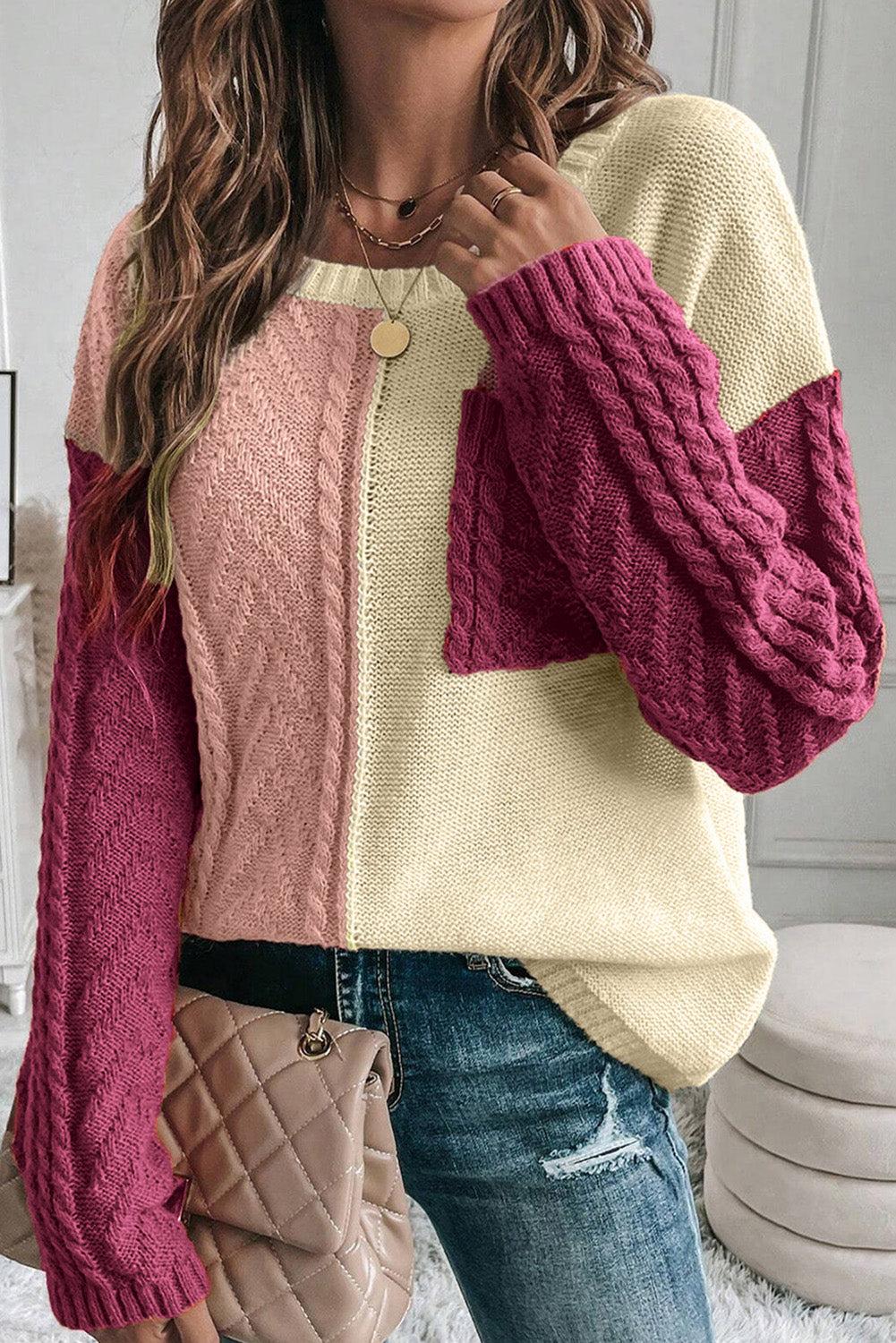 Rose Tan Colorblock Pocket Sweater