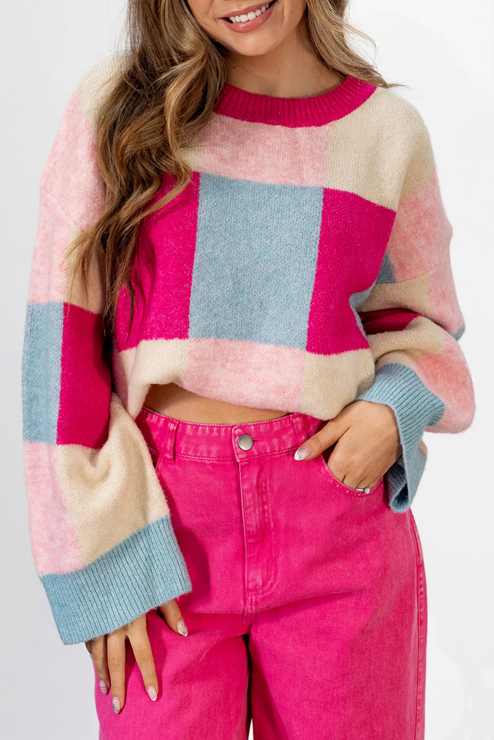 Rose Red Color Block Sweater