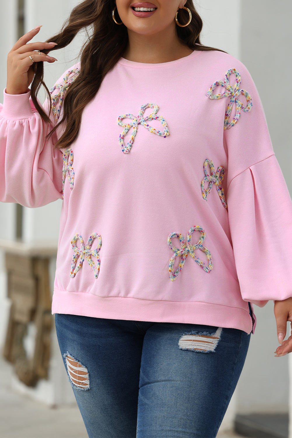 Light Pink Embroidered Bow Sweatshirt