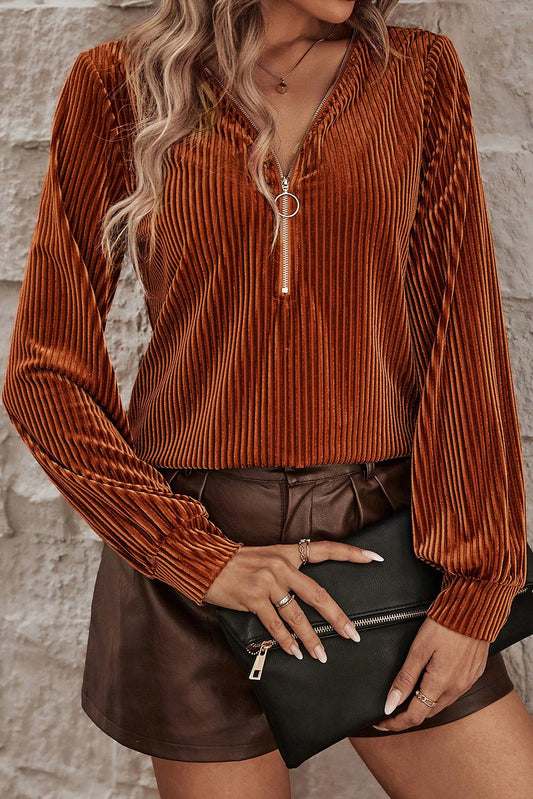 Chestnut Half Zip Ribbed Velvet Top