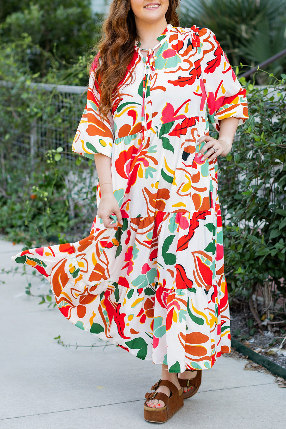 Orange Floral Print Drawstring Plus Size Dress