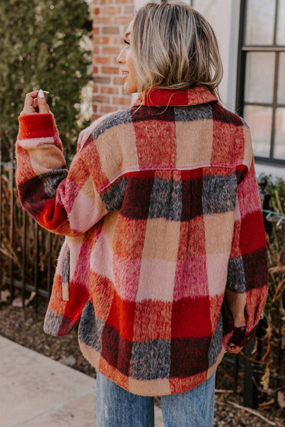 Orange Plaid Buttoned Casual Plus Size Jacket