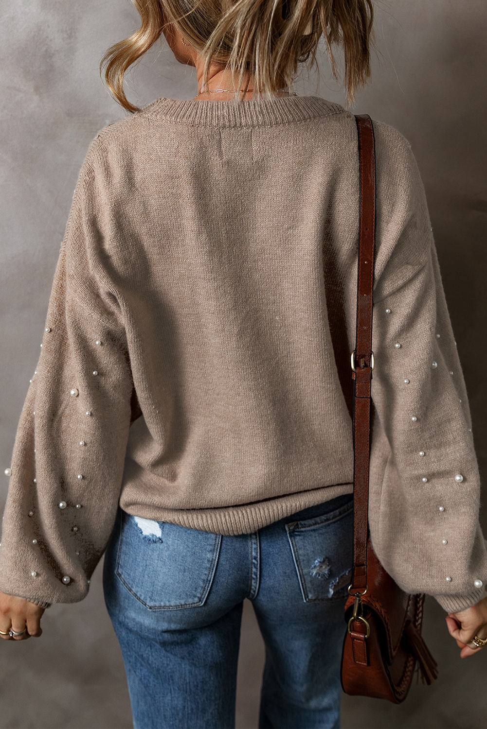 Smoke Gray Pearled Plus Size Sweater