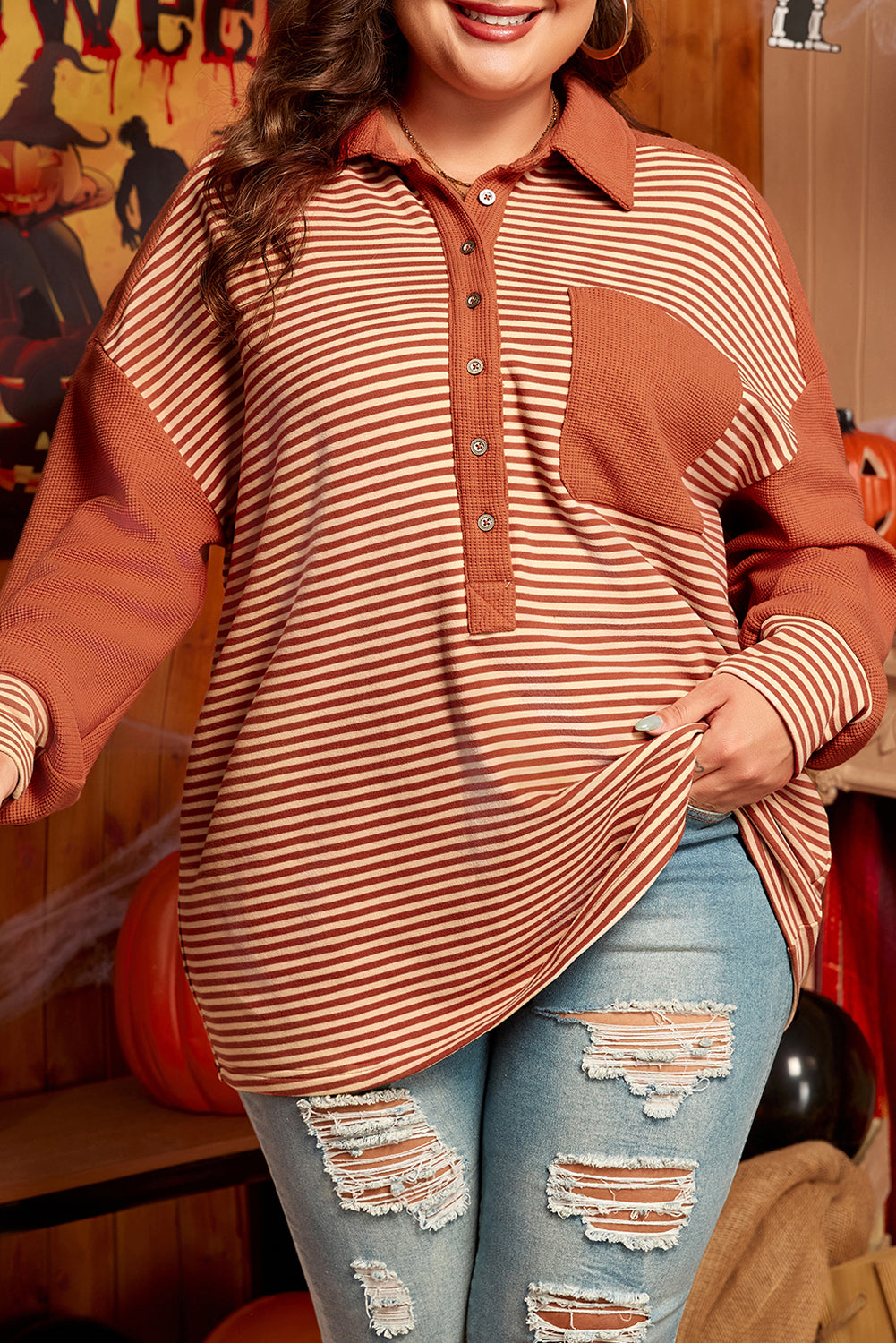 Stripe Textured Patched Plus Size Sweatshirt