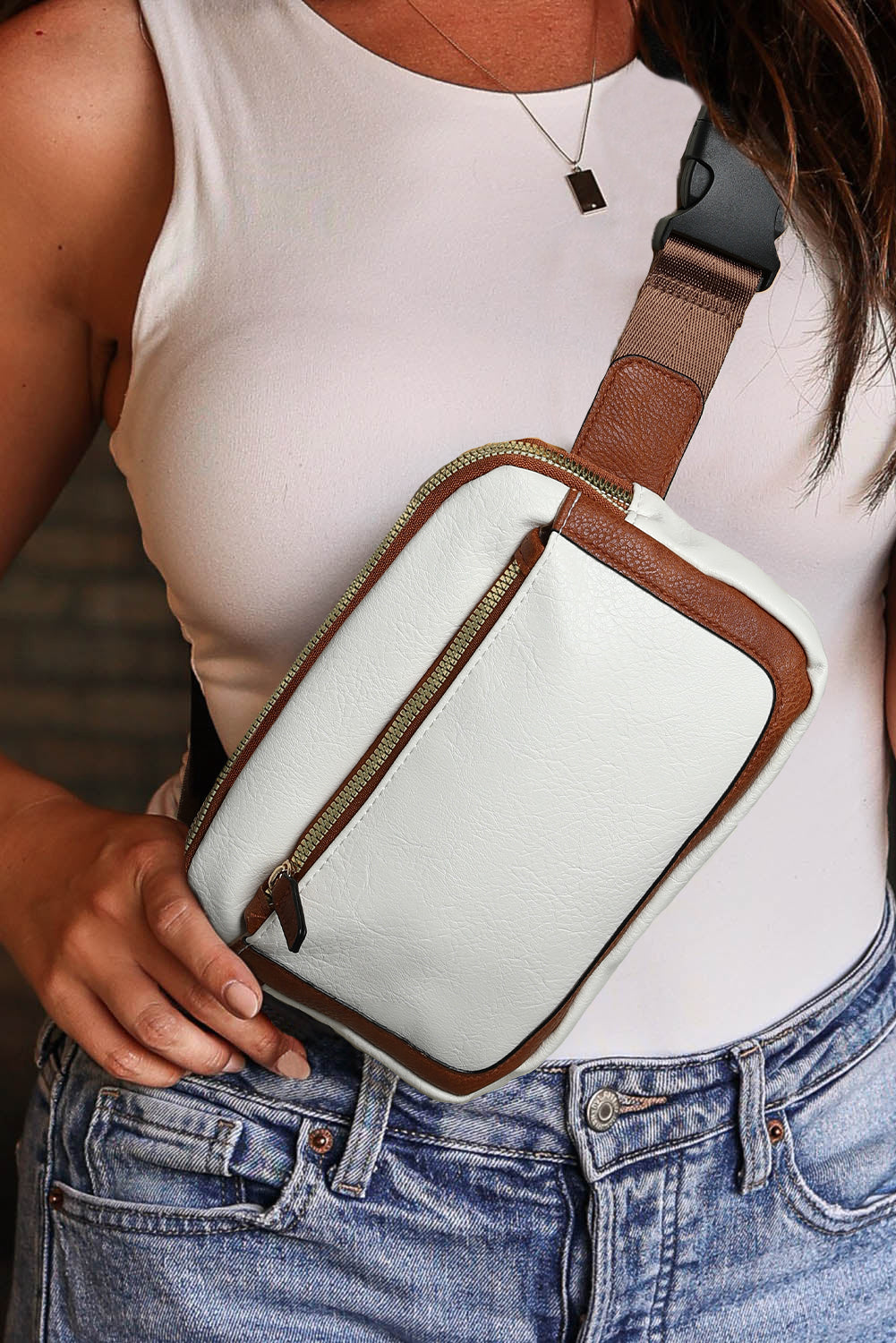 White Adjustable Strap Leather Crossbody Bag