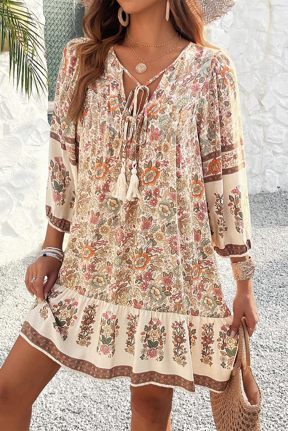 Apricot Floral Print Mini Dress