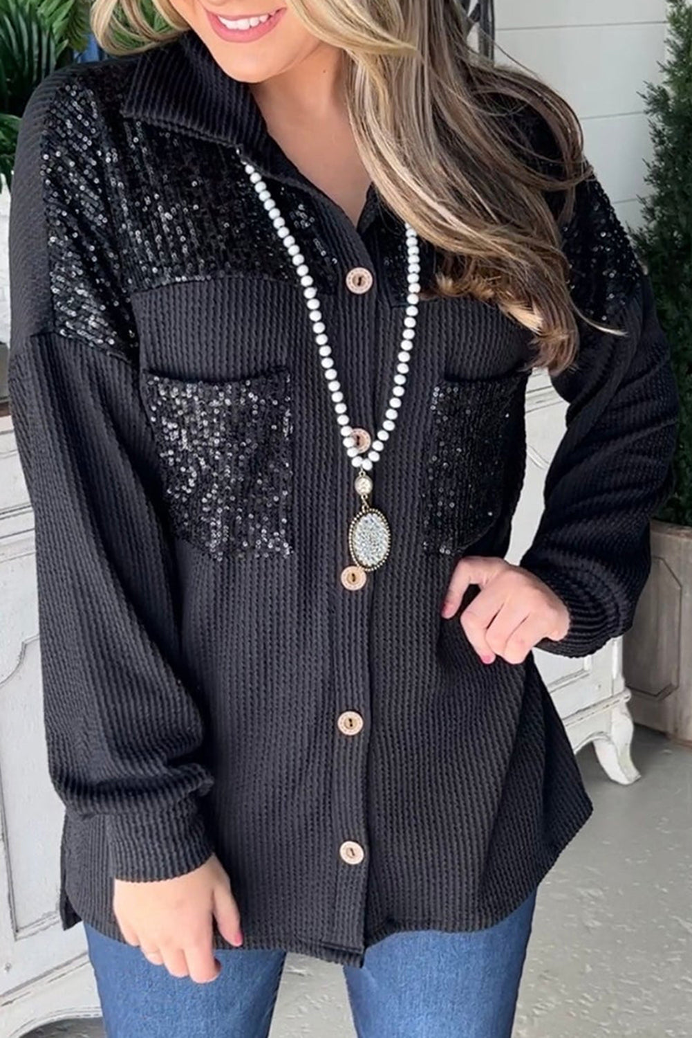 Black Sequin Corded Shacket