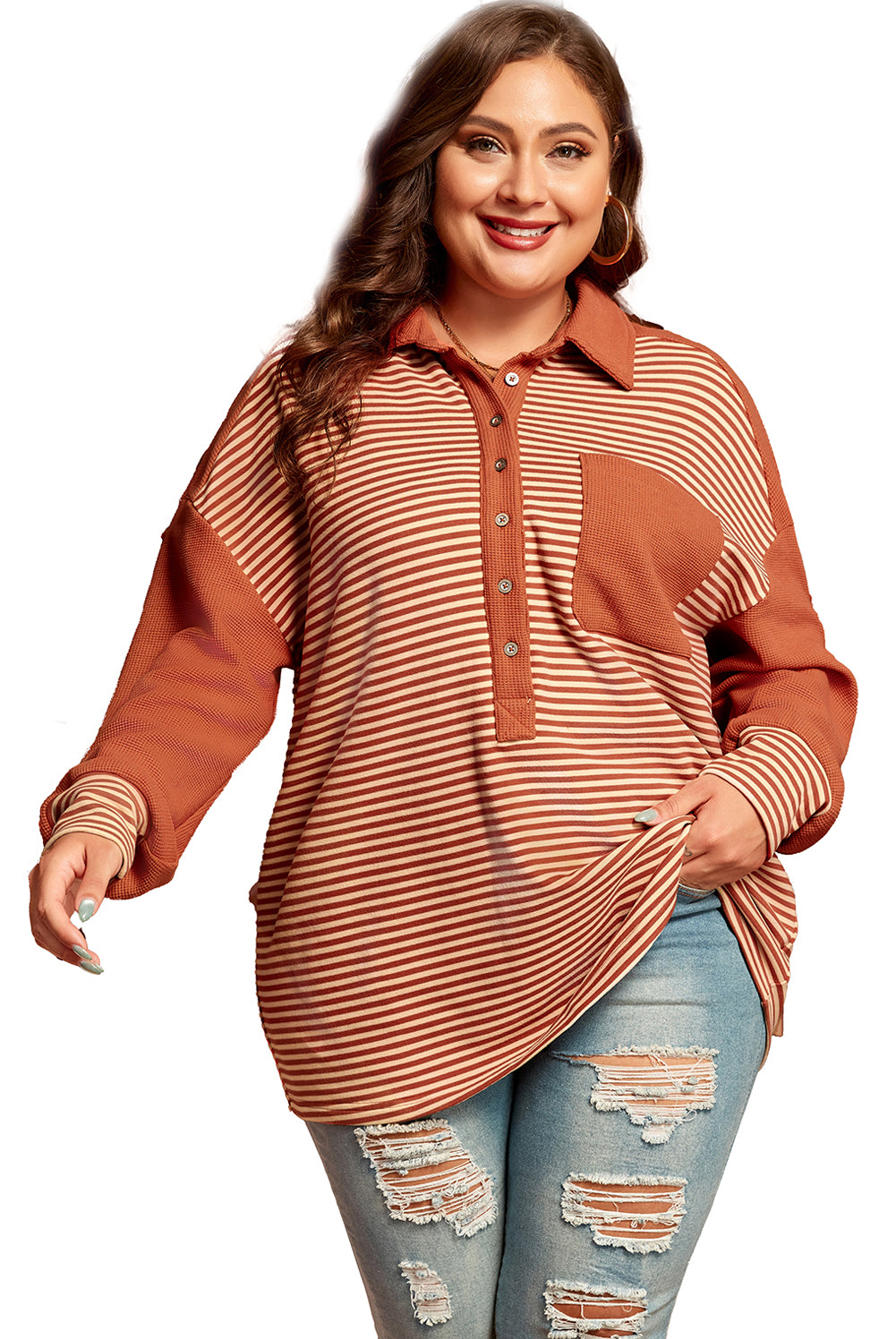 Stripe Textured Patched Plus Size Sweatshirt