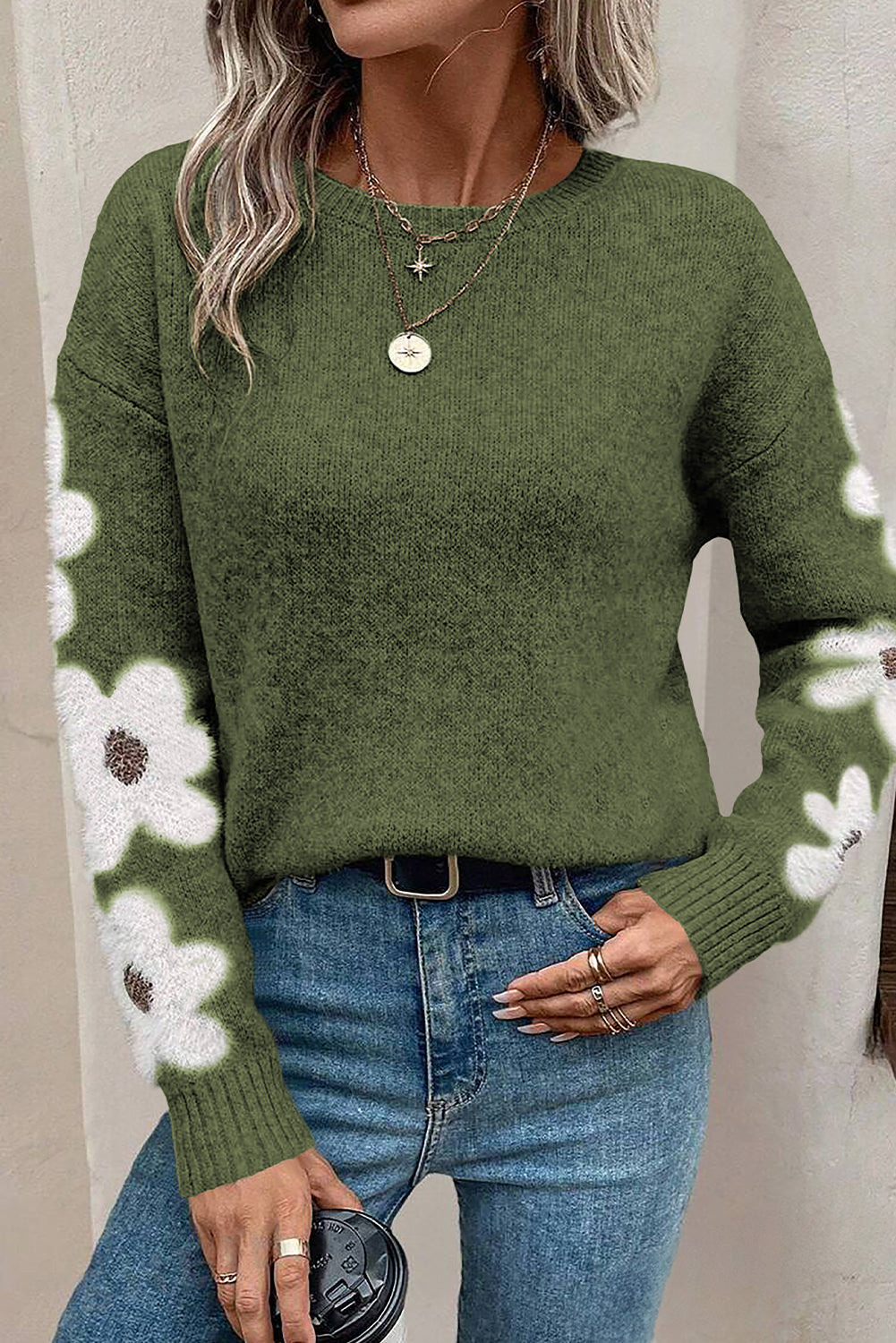 Moss Green Flower Sweater