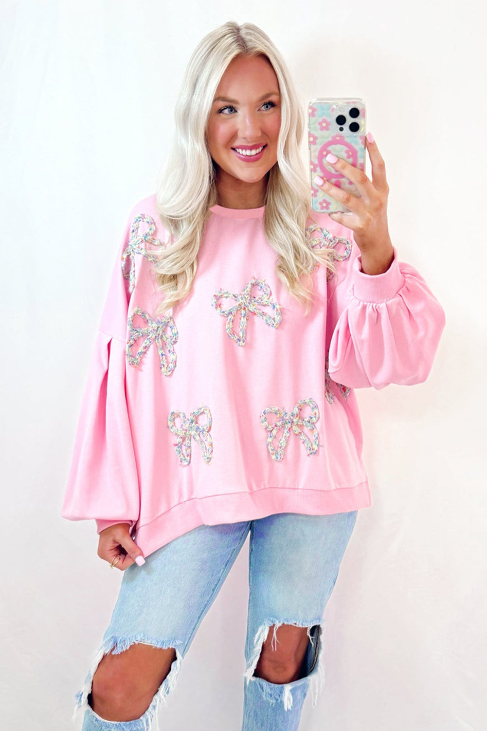 Light Pink Embroidered Bow Sweatshirt