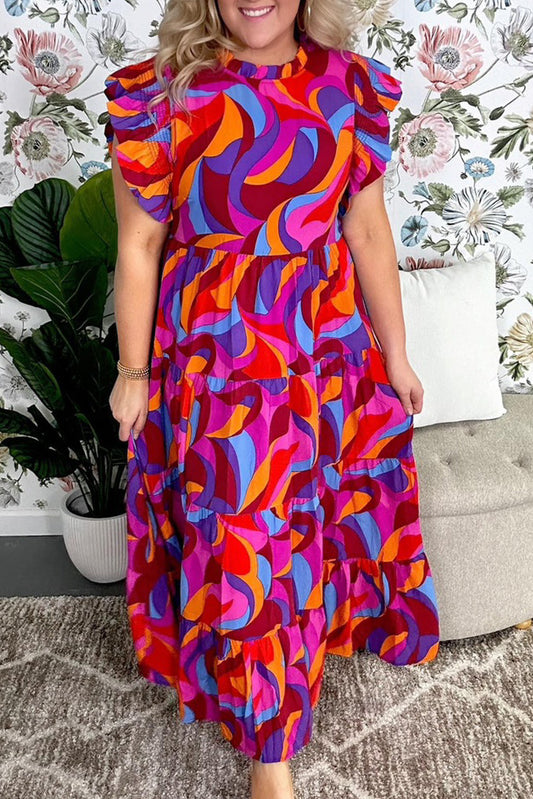 Multicolor Plus Size Abstract Ruffled Maxi Dress