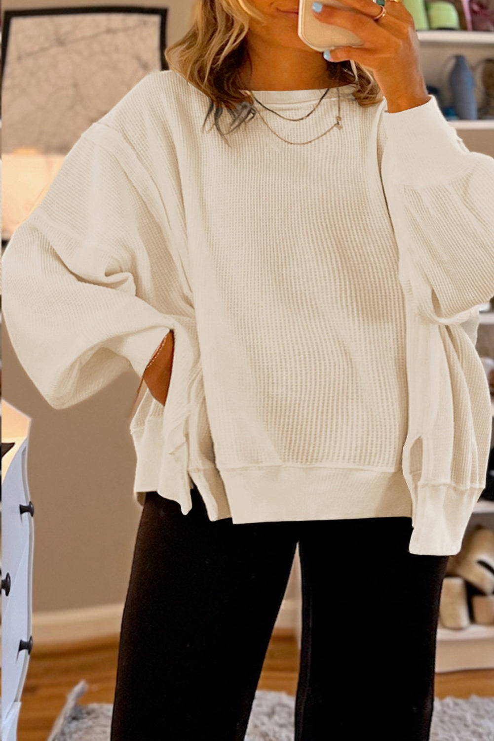 White Solid Color Waffle Knit Plus Size Sweater