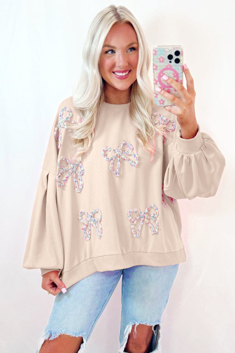 Embroidered Bow Pullover Sweatshirt