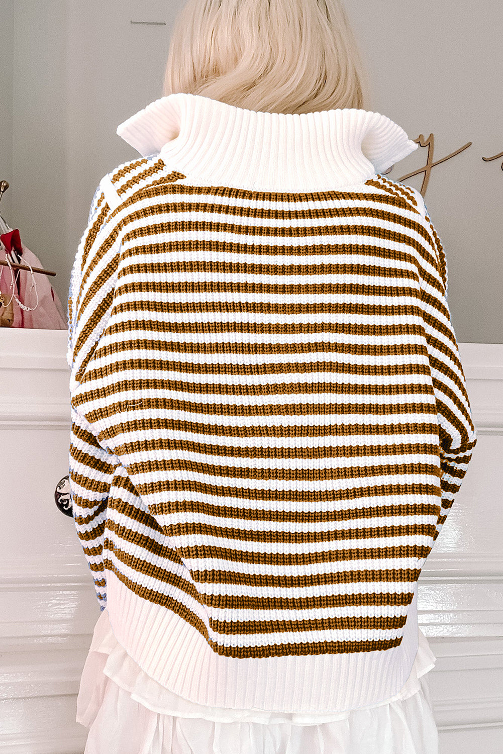 Khaki Stripe Zip up Sweater