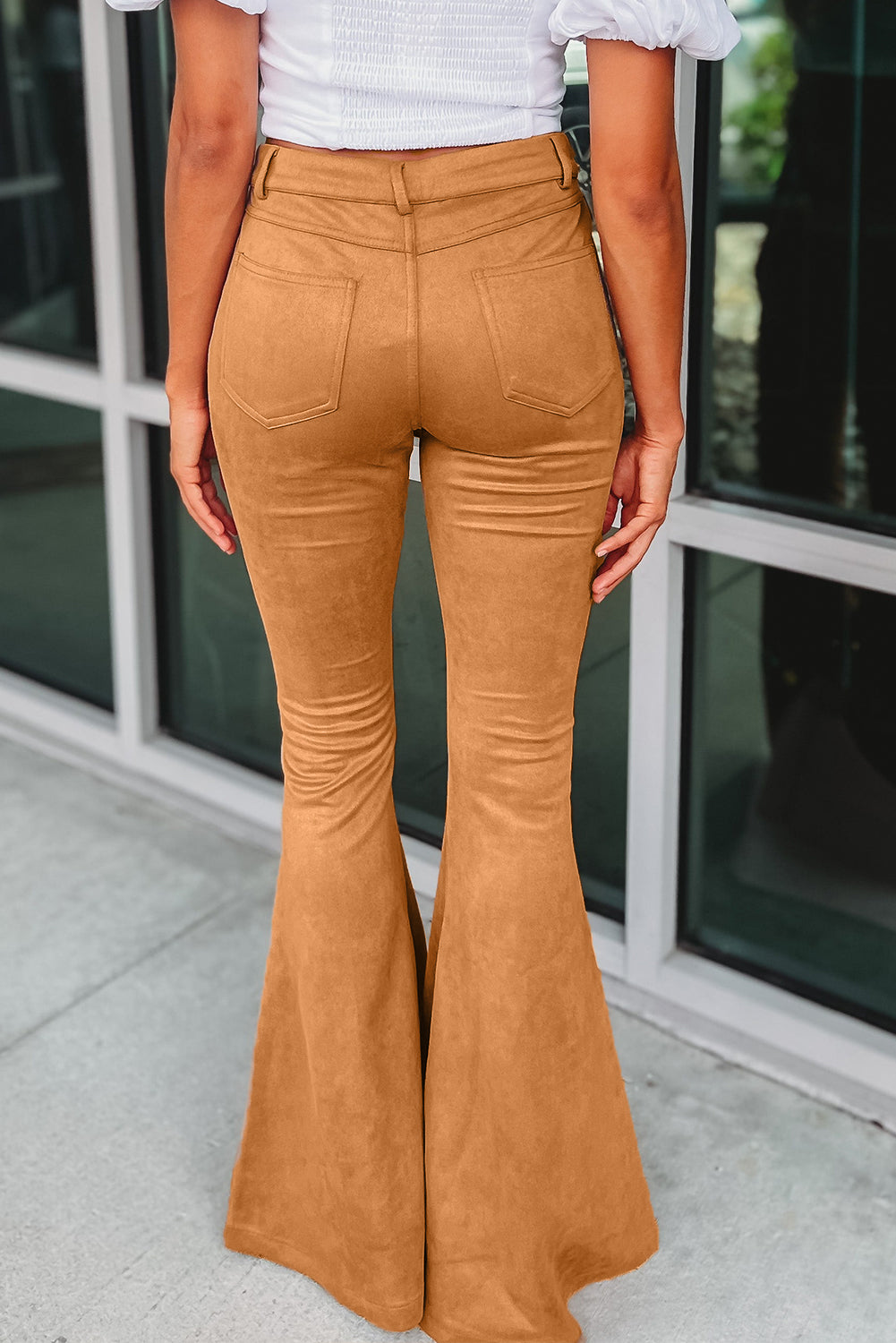 Brown Flare Suede Pants with Pockets