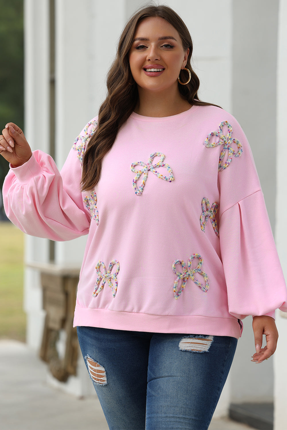 Light Pink Embroidered Bow Sweatshirt