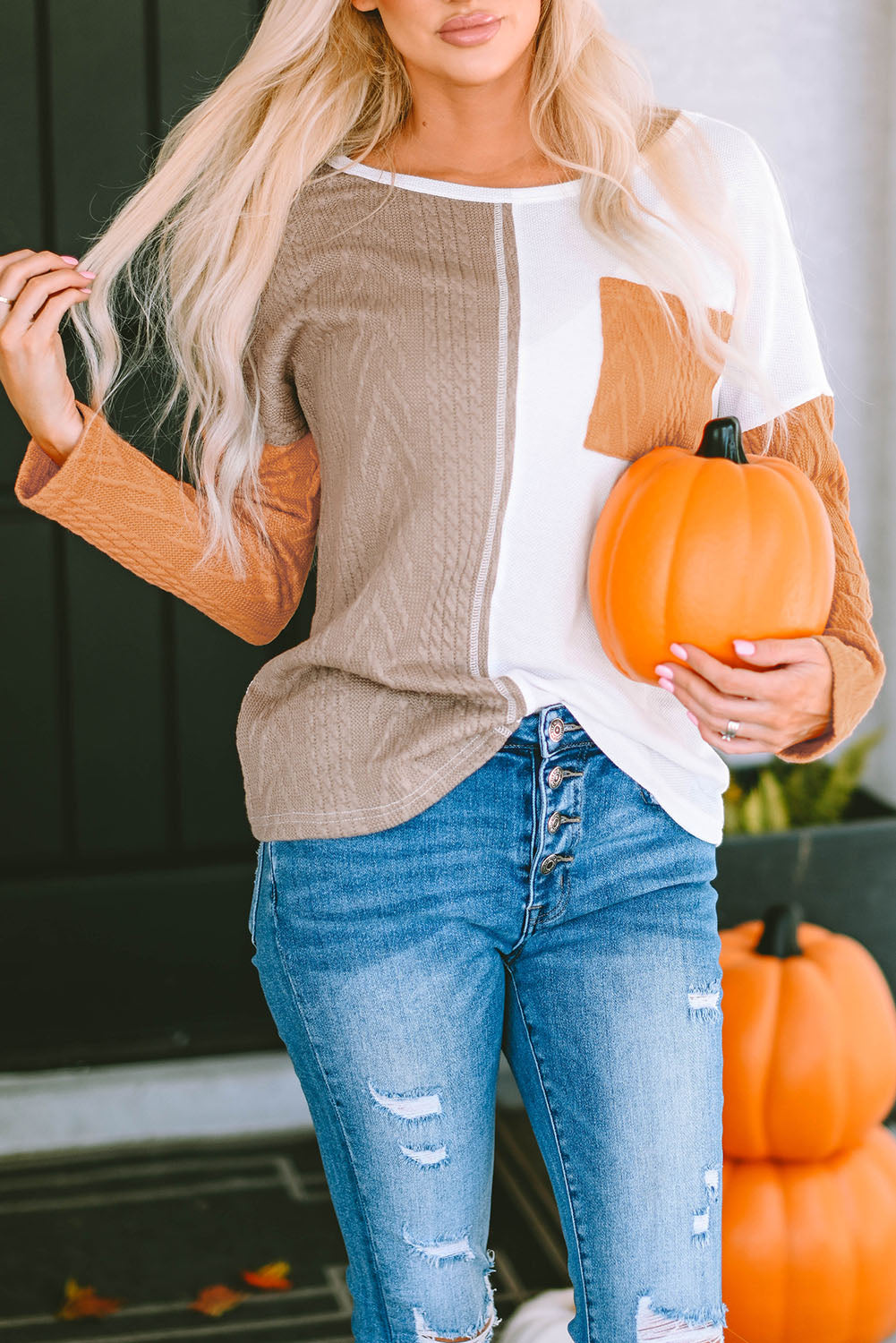 Orange Long Sleeve Colorblock Top