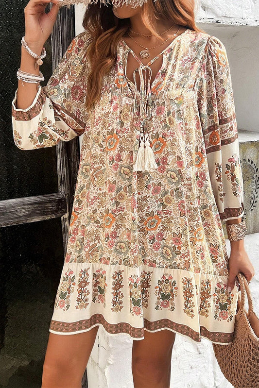 Apricot Floral Print Mini Dress