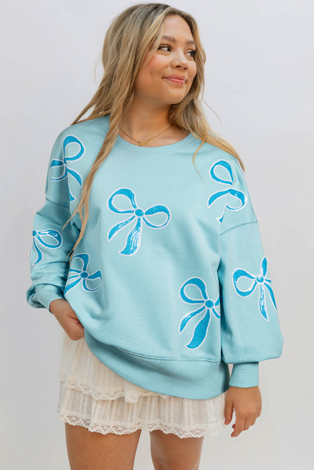 Blue Sequined Bowknot Sweatshirt