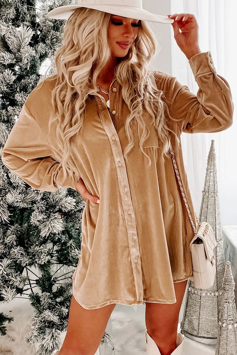 Beige Velvet Mini Dress