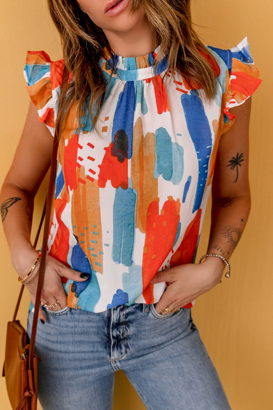 Multicolor Printed Ruffle Flutter Sleeve Top