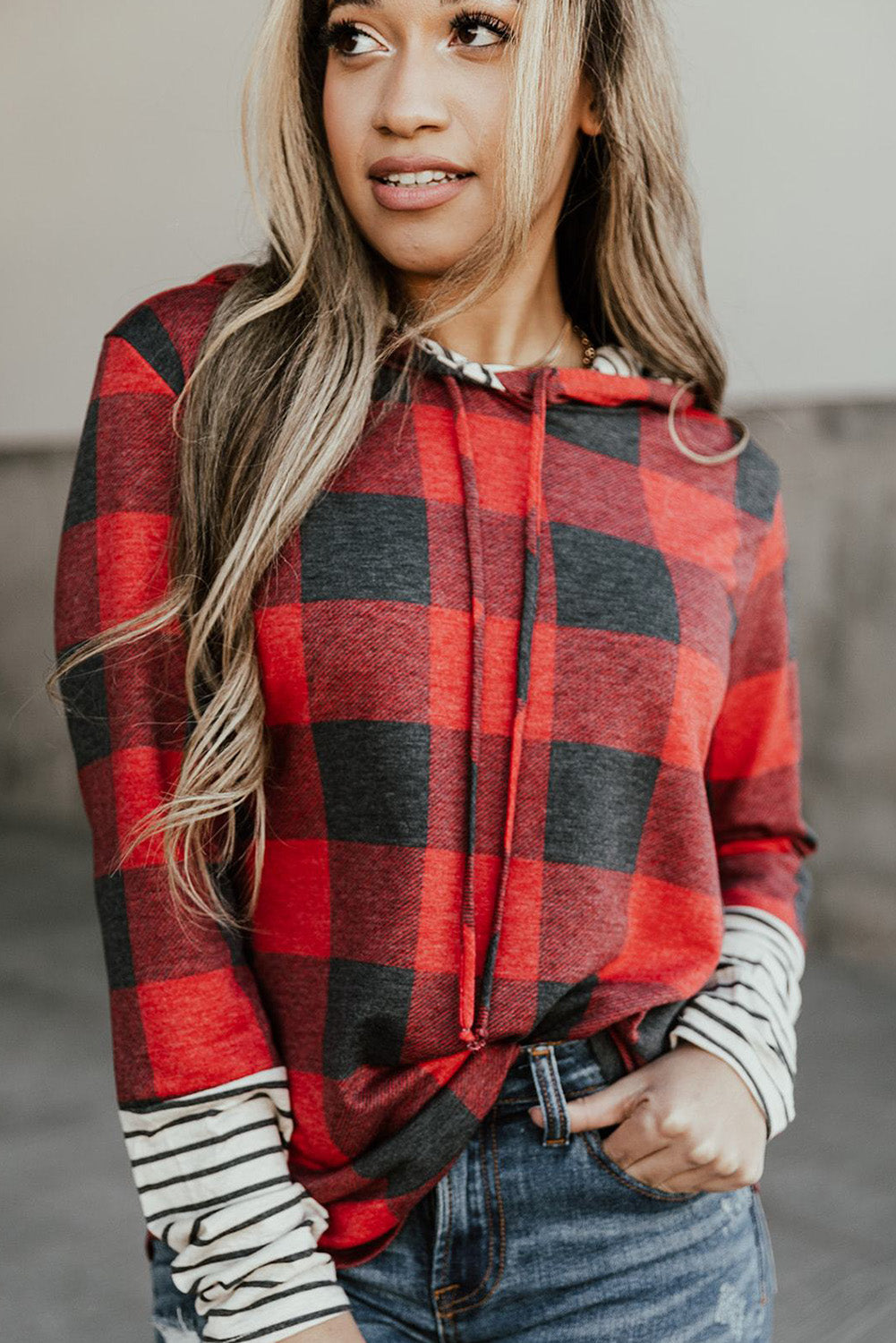 Red Plaid Striped Hoodie