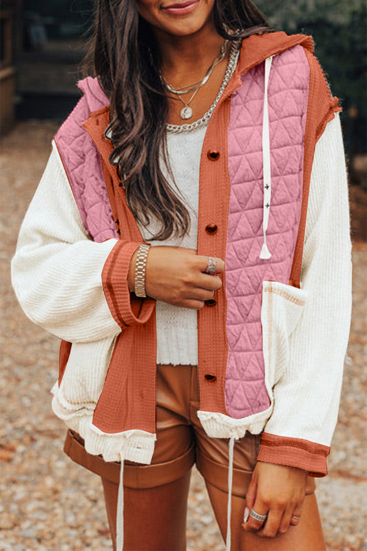 Coral Quilted Textured Patchwork Hooded Jacket