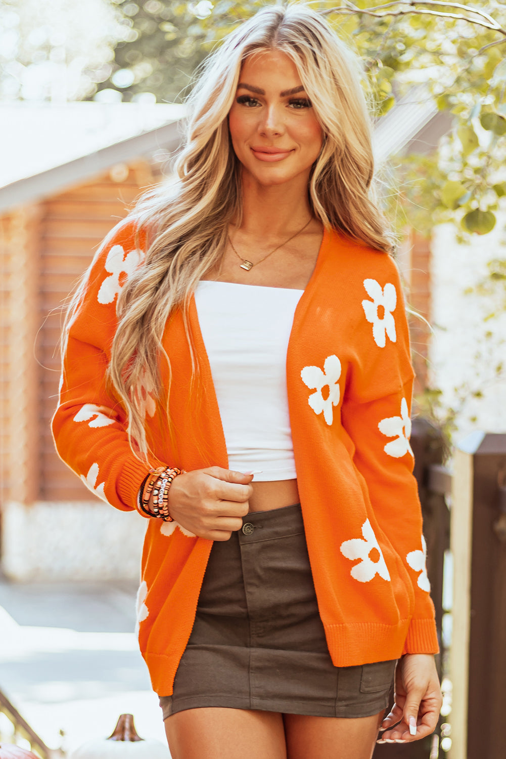 Orange Floral Print Cardigan