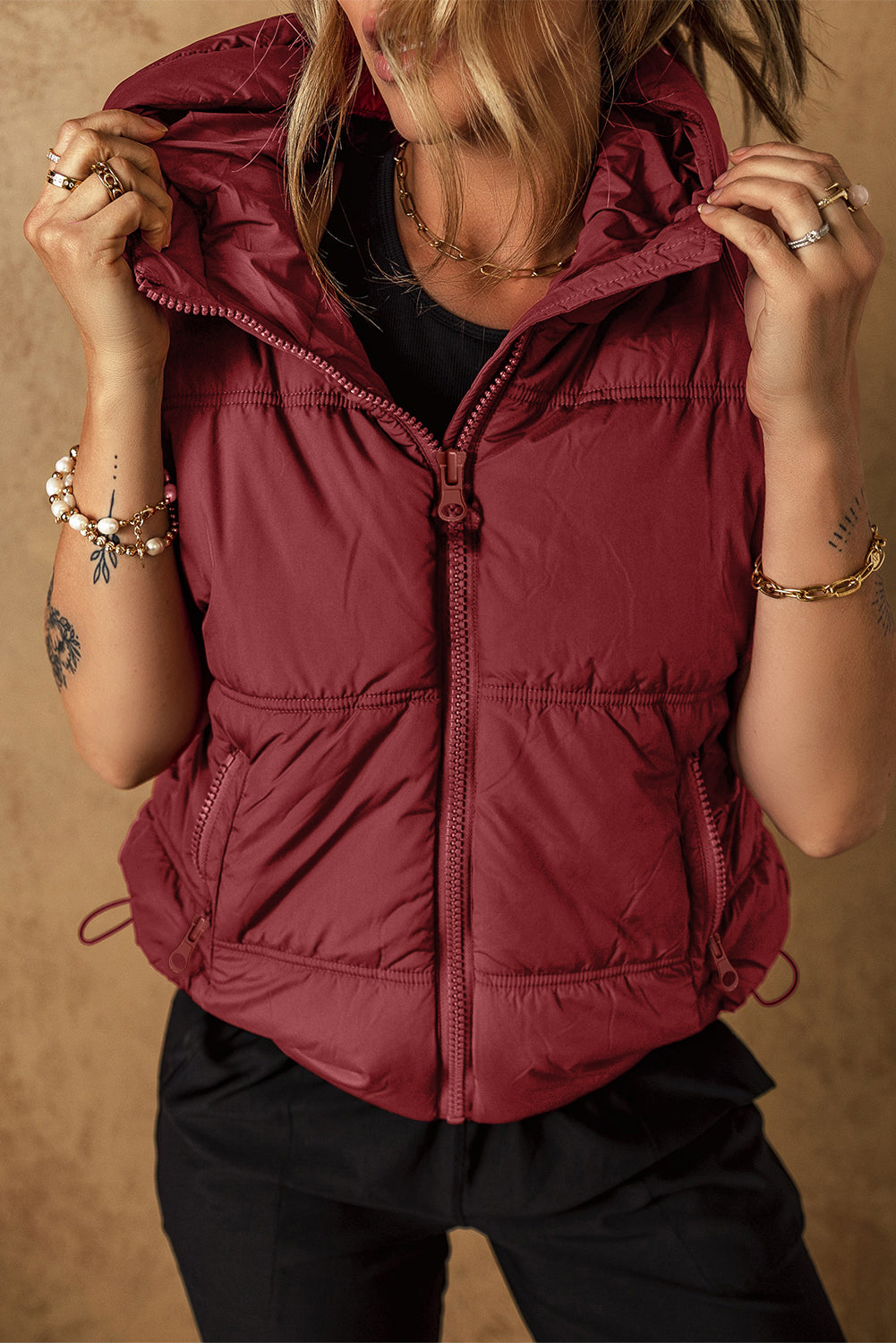 Clay Zip-up Hooded Puffer Vest