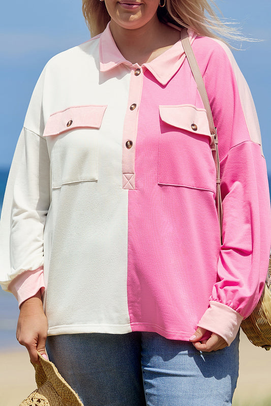 Pink Block Half Button Plus Size Top