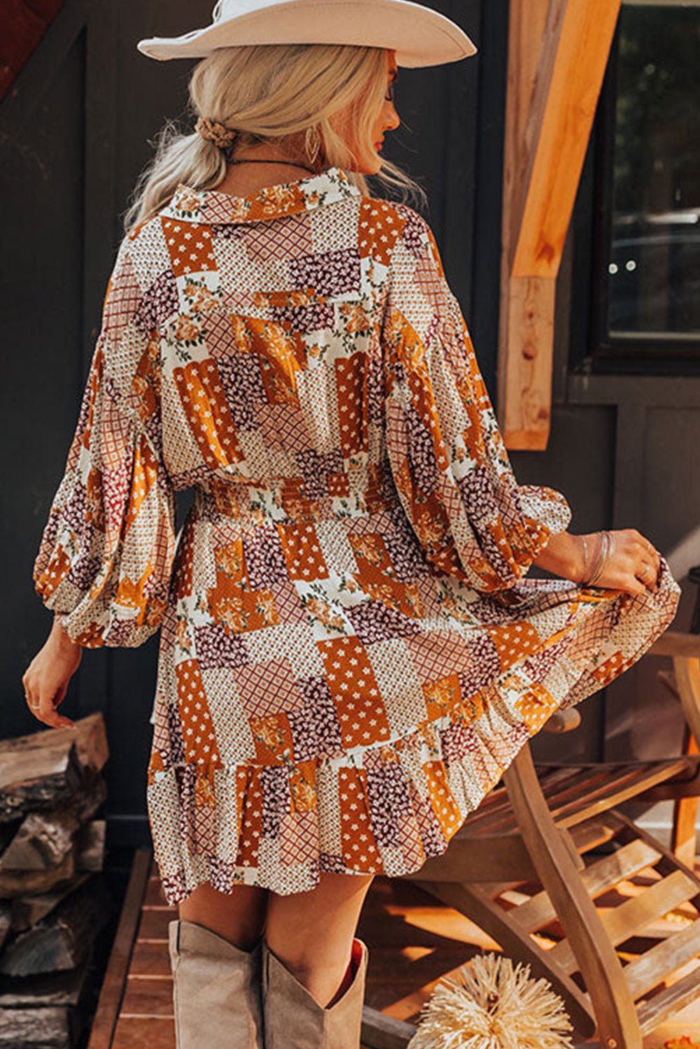 Orange Boho Floral Mini Shirt Dress