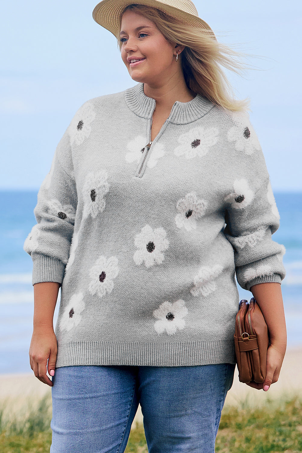 Gray Floral Plus Size Half Zip Sweater