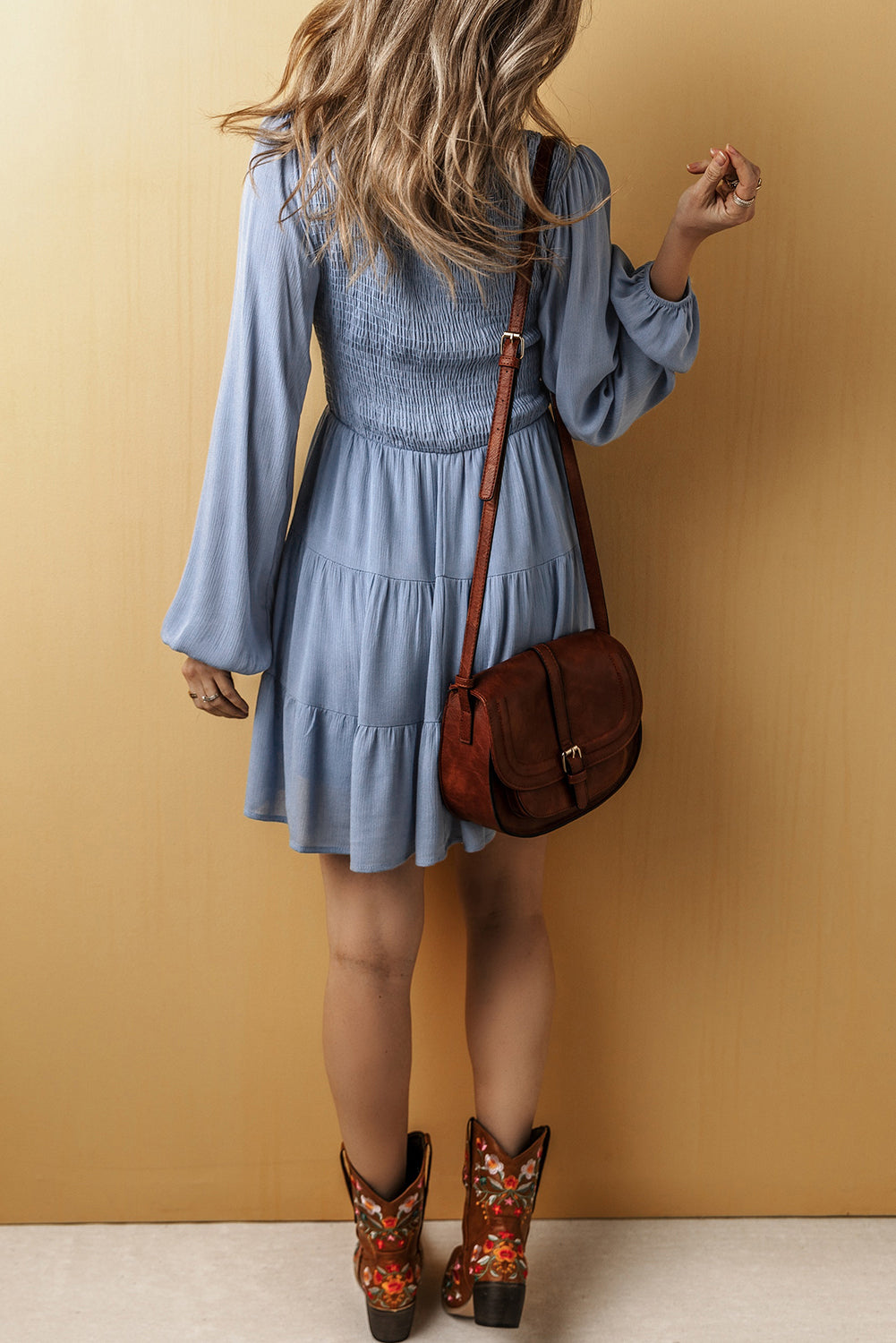 Blue Long Sleeve Tiered Mini Dress