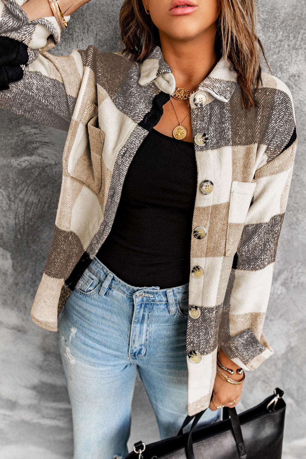 Khaki Plaid Color Block Jacket