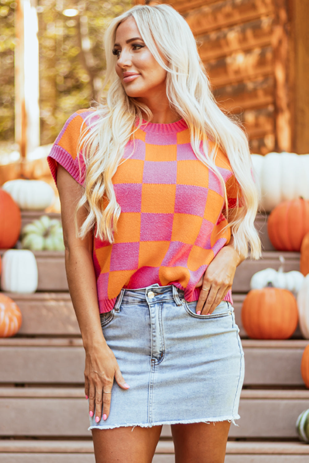 Strawberry Pink Colorblock Plaid Top