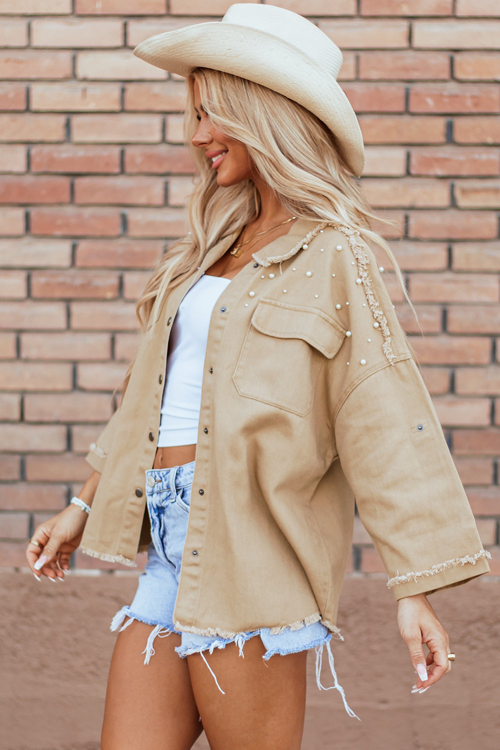 Khaki Pearl Beaded Denim Jacket