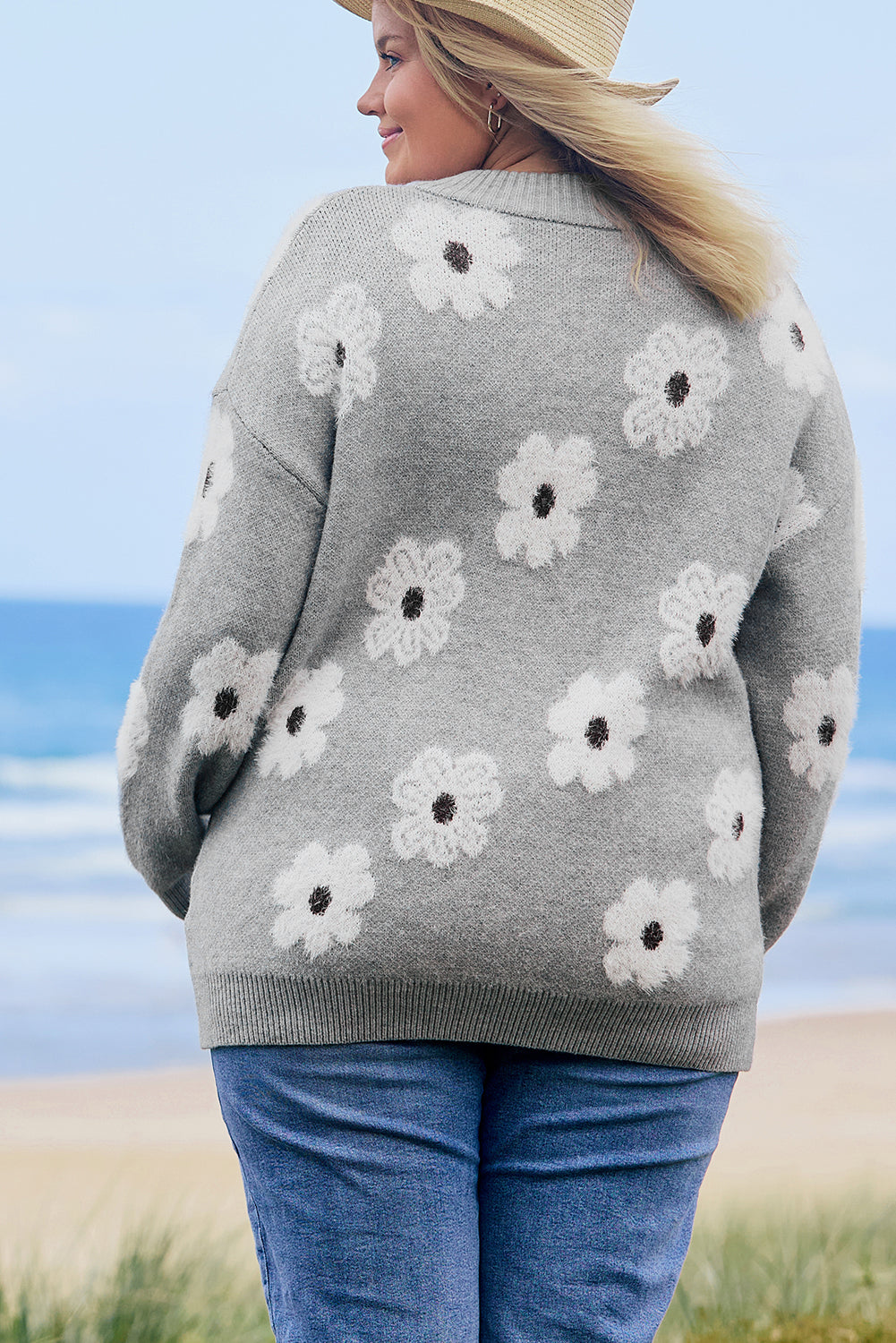 Gray Floral Plus Size Half Zip Sweater