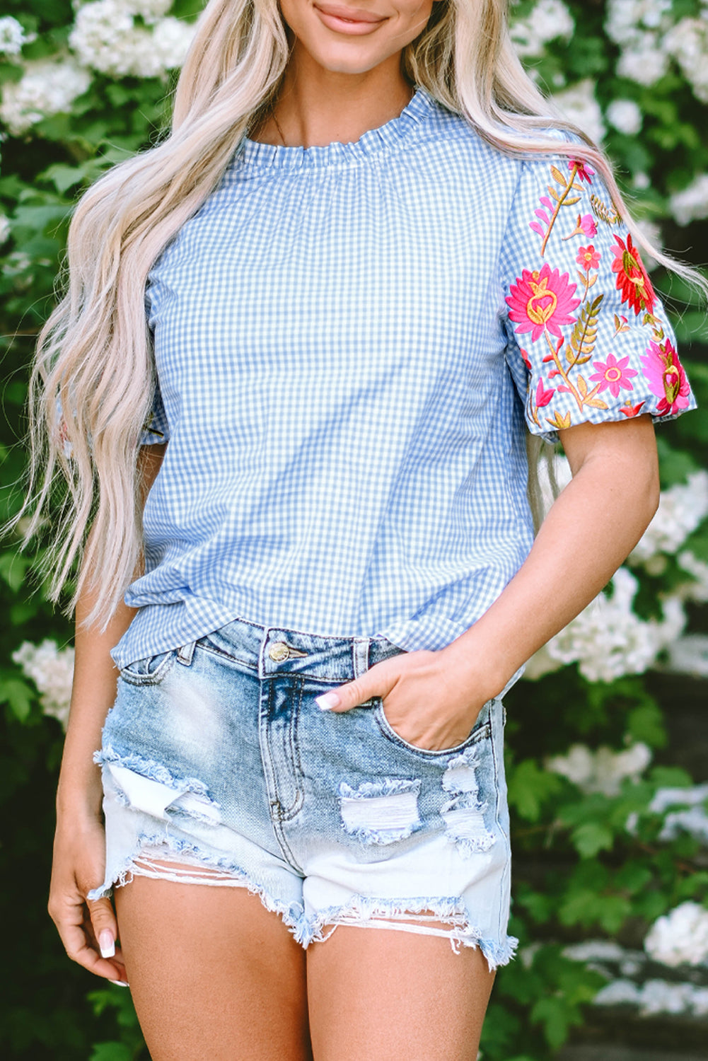 Light Blue Gingham Floral Embroidered Sleeve Top