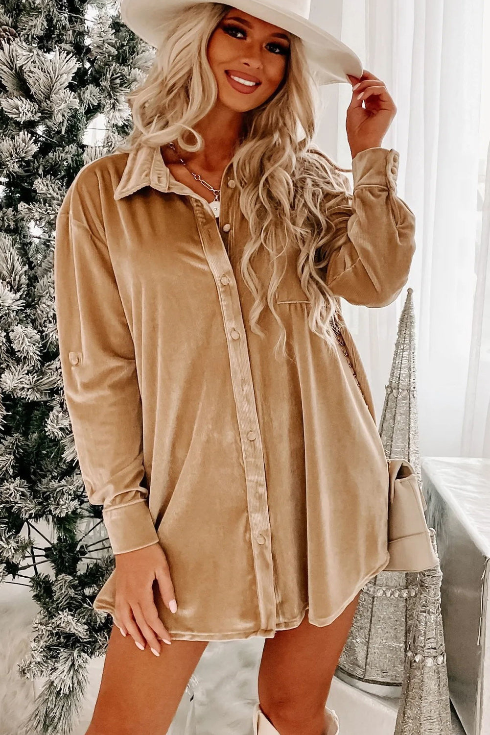 Beige Velvet Mini Dress