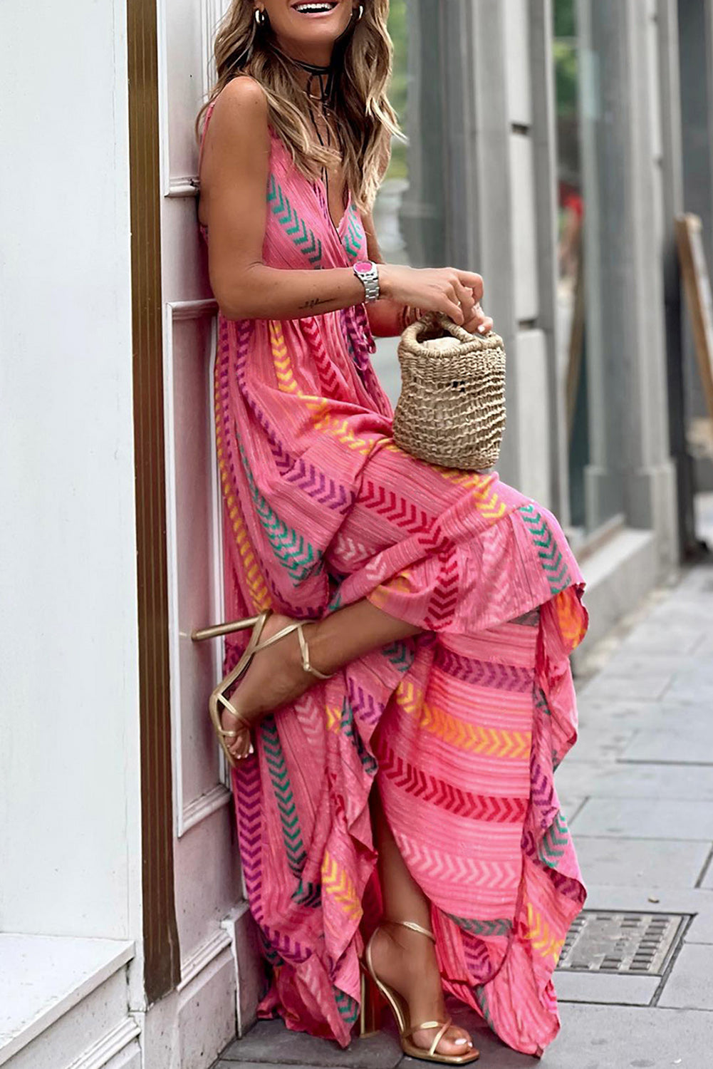 Pink Western Printed Tassel Tie Maxi Dress