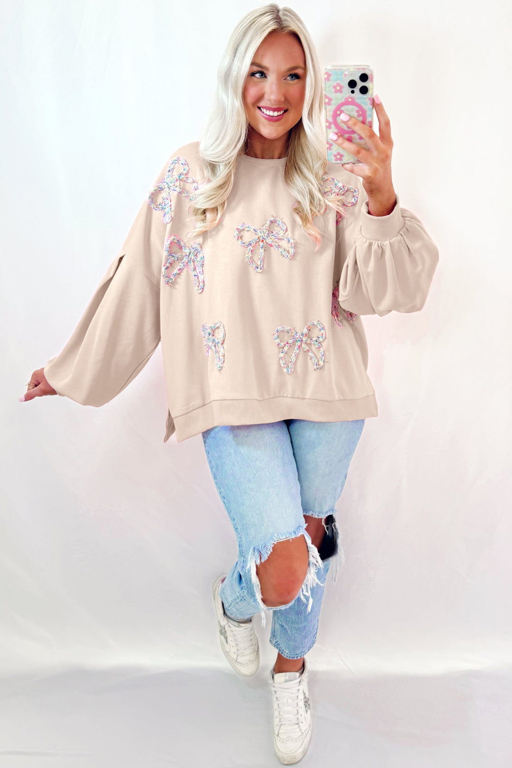 Embroidered Bow Pullover Sweatshirt